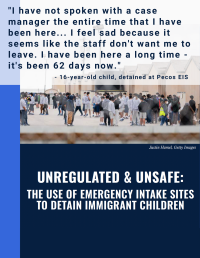 Report cover with a quote overlay, "I have not spoken with a case manager the entire time that I have been here... I feel sad because it seems like the staff don't want me to leave. I have been here a long time - it's been 62 days now."